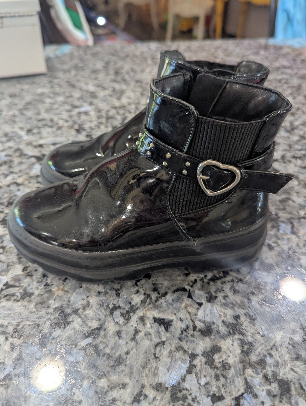 Black Patent Heart-Accent Kids Ankle Boots